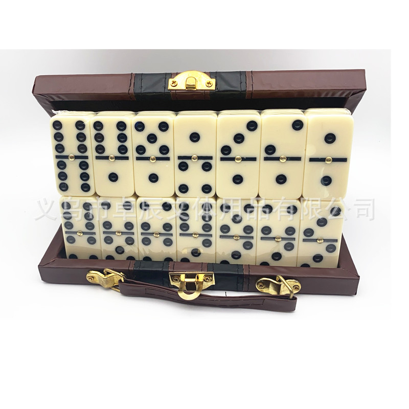 大号双六 Dominoes5412密胺多米诺骨牌象牙色棕色皮盒包装28张双6详情图1