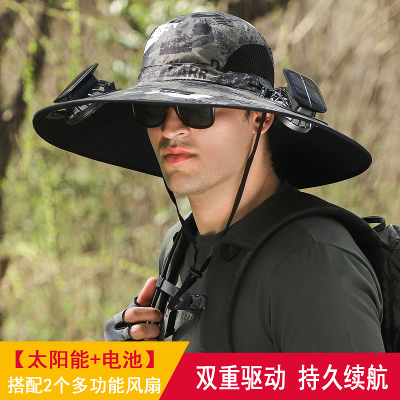 锂电池小风扇长续航大风力太阳能大沿户外帽子男遮阳防晒钓鱼帽夏