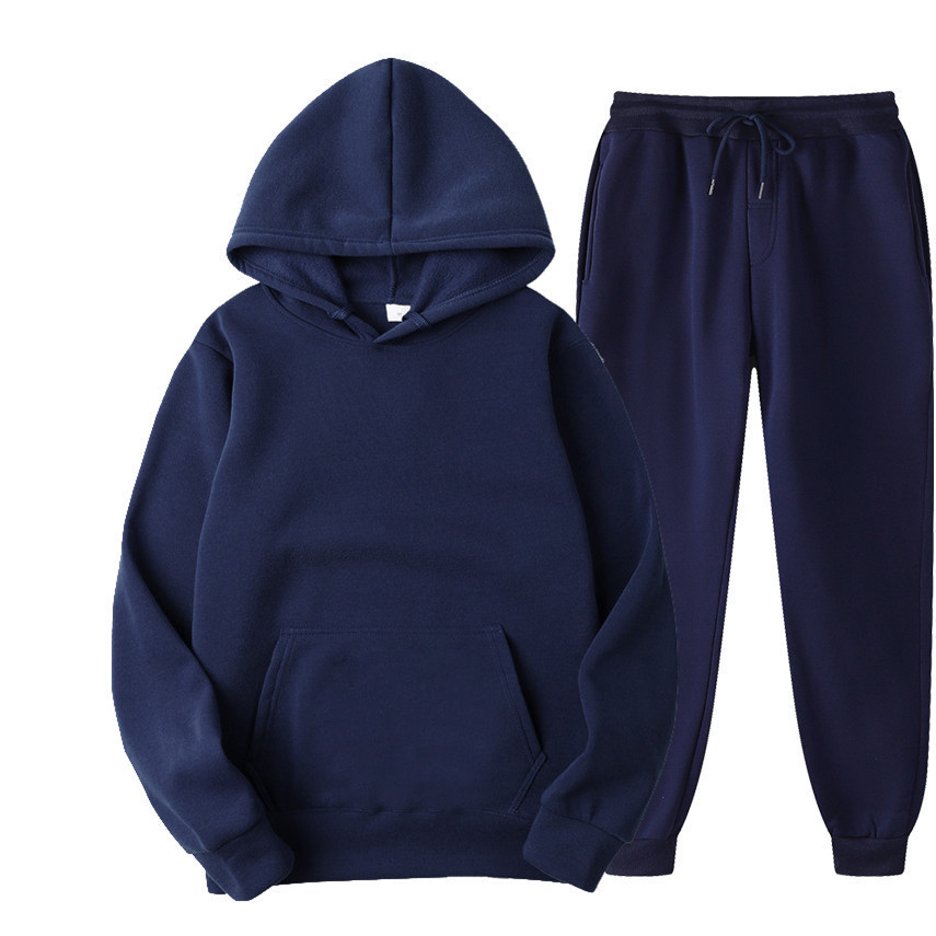 New fleece men's solid color pullover hooded sweatshirt set, sport two-piece set, men's hoodie, sweatshirt and sport pants Specification image