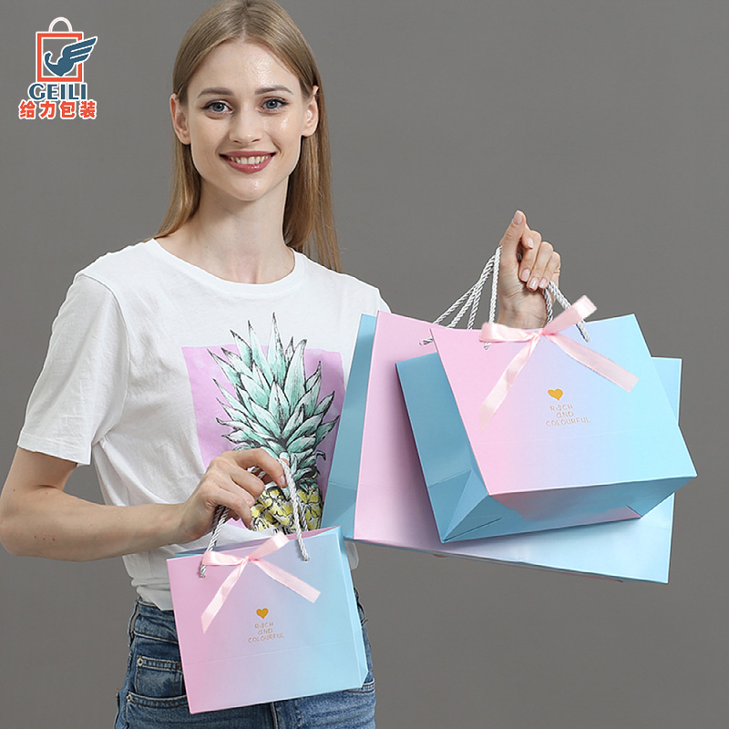 简约渐变色礼品袋 蝴蝶结服装手提袋 情人节礼物袋子纸袋现货批发