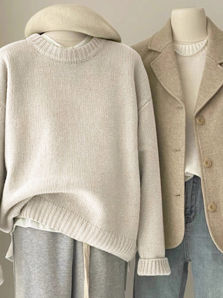 日系复古深绿色毛衣女秋冬宽松慵懒风圆领套头打底内搭针织衫加厚详情4