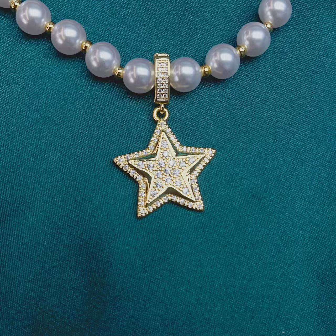 Copper-plated real gold, slightly inlaid zircon five-pointed star, all-purpose pearl bracelet, necklace, versatile pendant accessory details Picture