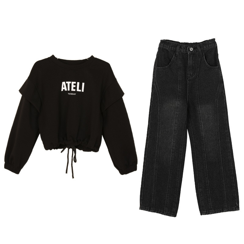 Girls' hoodie 2023 Autumn/Winter New Style: small flying sleeve drawstring hoodie + work pants, Big Kids' children's wear, parent-child Item Picture