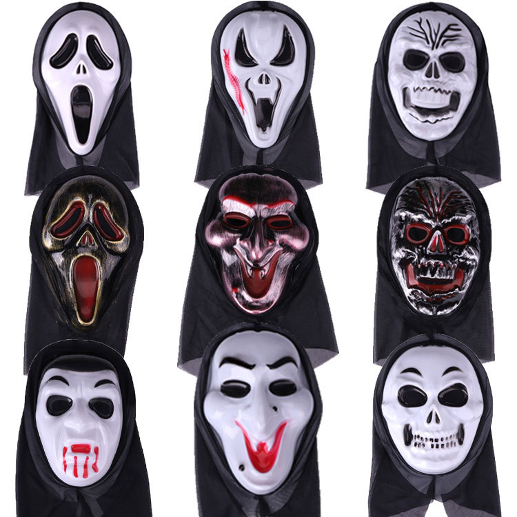 Halloween horror mask party Masquerade ball pranks, funny faces, screams, hooded masks, skull ghost masks