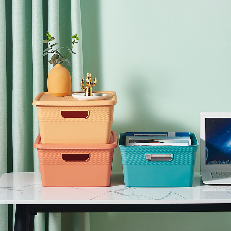Snack storage basket, cute dormitory household covered desktop storage box, sundries sorting box, plastic basket details Picture