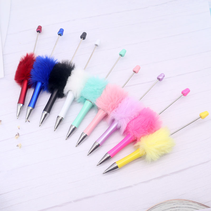 New Creative Diy Hairball Beaded Pen Plush Beaded Ballpoint Pen Cute Wind Furry Gift Pen Plastic Pen