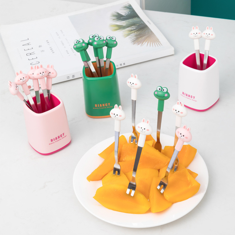 Fruit fork cartoon animal set Stainless steel household child safe fruit tag details Picture