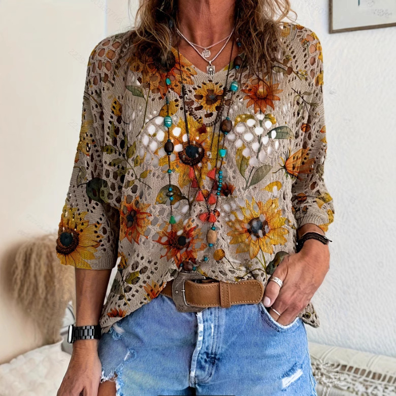 European and American cross-border Amazon Spring/Summer V-neck, cutout bat sleeves, plant and flower printed women's sweater blouse