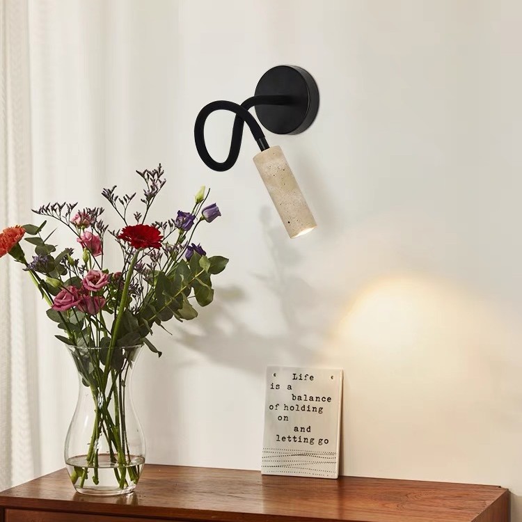 A yellow cave stone solid wood bedroom headboard wall lamp with a switch and rotatable wall lamp, designed by a Nordic retro homestay headboard details Picture