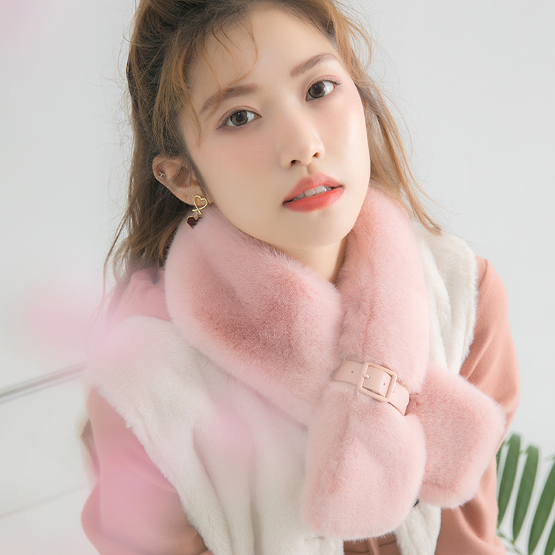 2022 New Leather Buckle Plush Scarf Korean Version Imitation Rabbit Hair Cross Warm Bib Solid Color Fur Collar Collar Wholesale Specification drawing