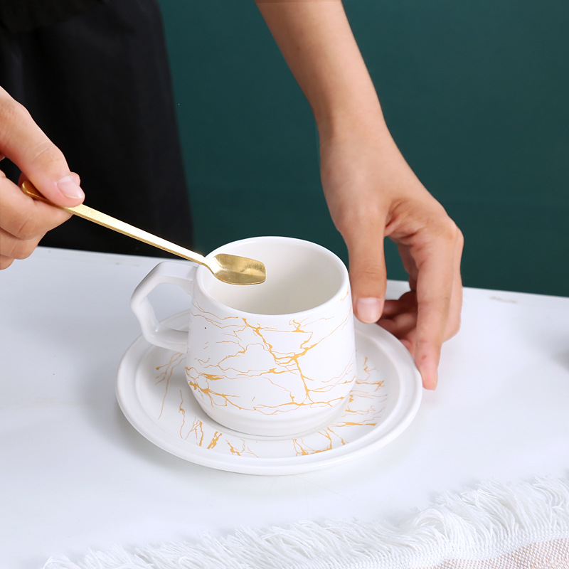 Creative Ceramic Cup Marble Gold Plated European Mug Tray Coffee Cup Milk Cup Drink Cup With Hand Salute details Picture