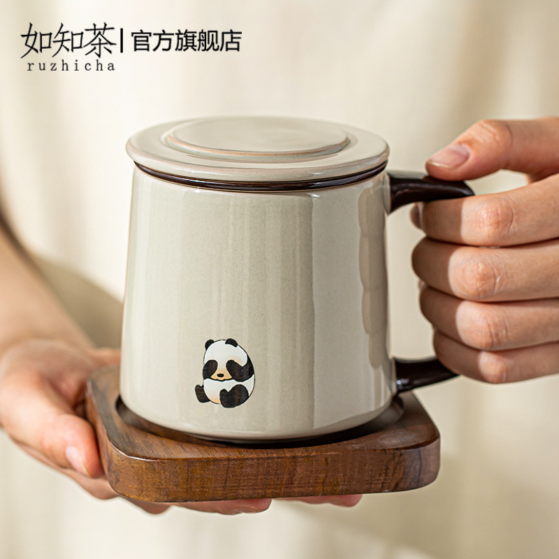 熊猫泡茶杯陶瓷茶水分离过滤带盖办公室水杯子女现代马克杯恒温器图