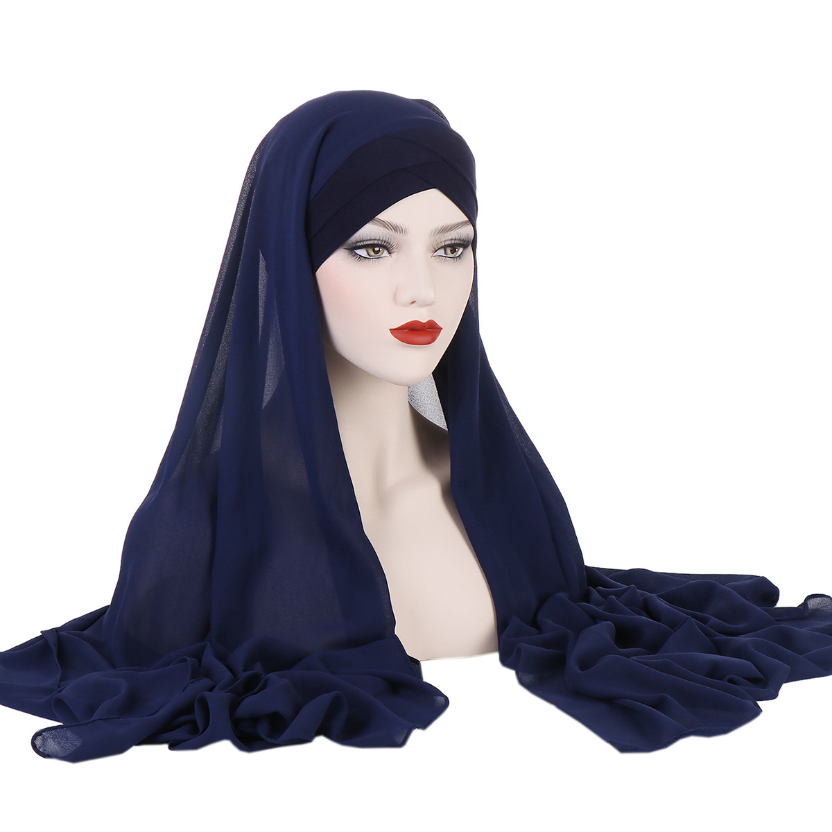 New Convenient Chiffon Wrap Headscarf Four Seasons General Plain Chiffon Scarf Ladies Forehead Cross Headscarf Cap Application Scenario