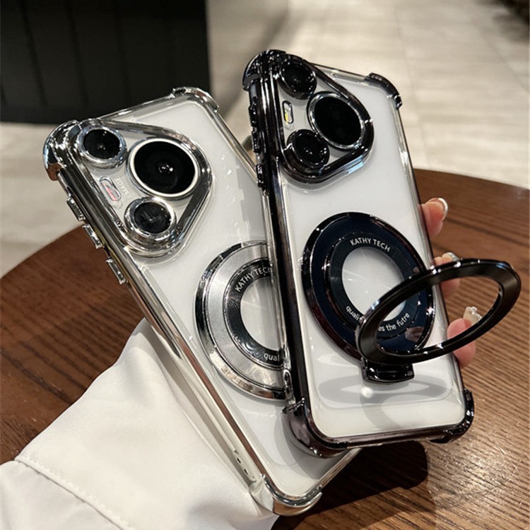 Compatible with Huawei Pura70Ultra phone case, transparent electroplated airbag, magnetic stand, p70Pro all-inclusive lens