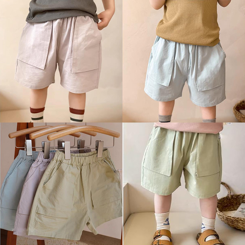 夏季新款夏日风琴口袋纯色休闲短裤薄款夏季婴幼童男女宝儿童短裤