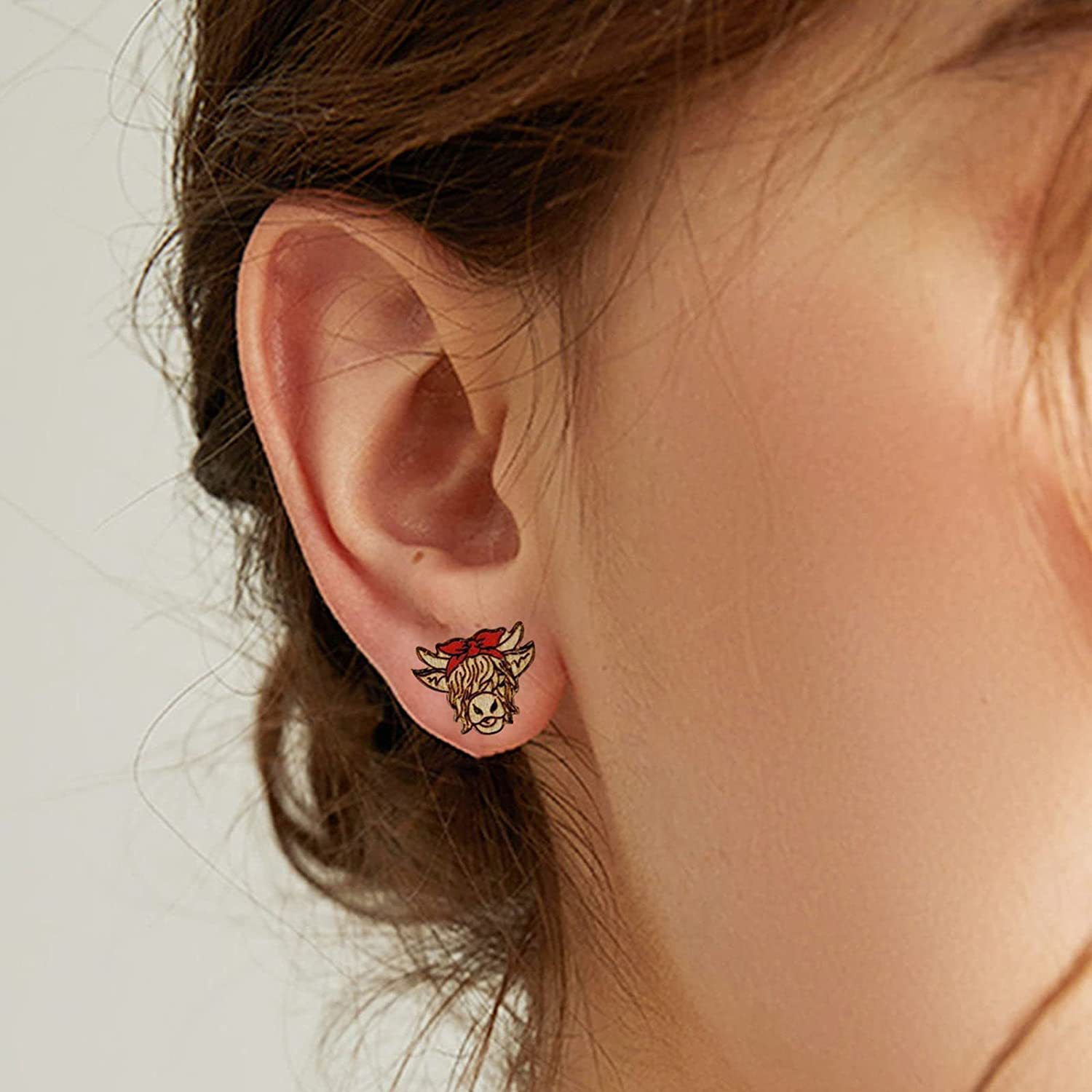 Cross-Border Amazon Highland Cow Studs Wooden Cow Earrings details Picture