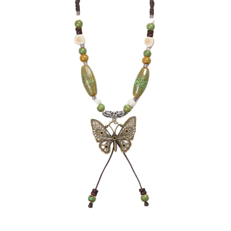 Wholesale of cultural and creative Jingdezhen ceramic necklaces, butterfly artistic ornaments, new Chinese-style artistic hand-woven necklaces Item Picture