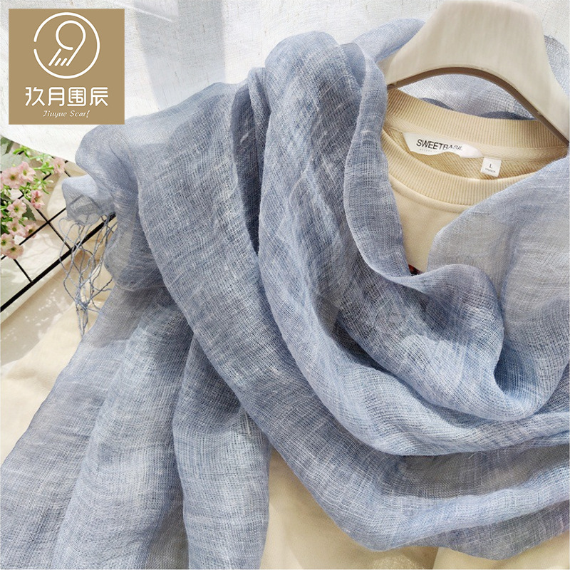 Japanese-style artistic and retro linen scarf for women, solid color cotton and linen scarf, dirt-dyed thin shawl, foreign trade silk scarf for women details Picture