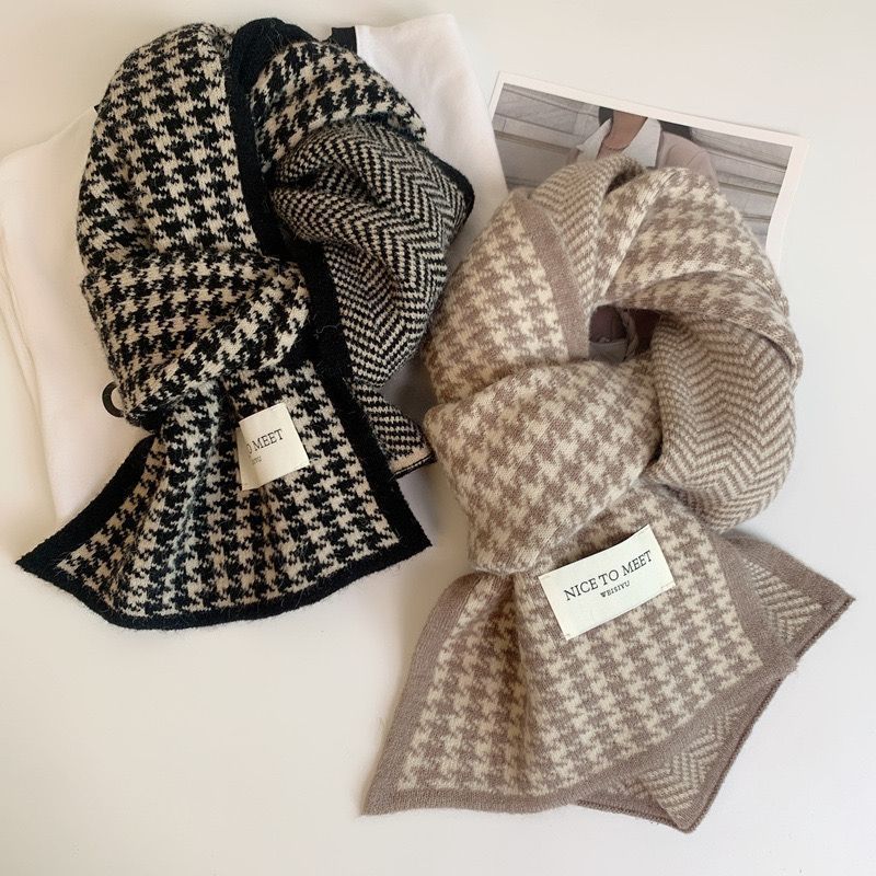 Winter Junior High School Thousand Birds Plaid Scarf New Korean Style All The Fashion Middle School Couple Knitted Warm Neck