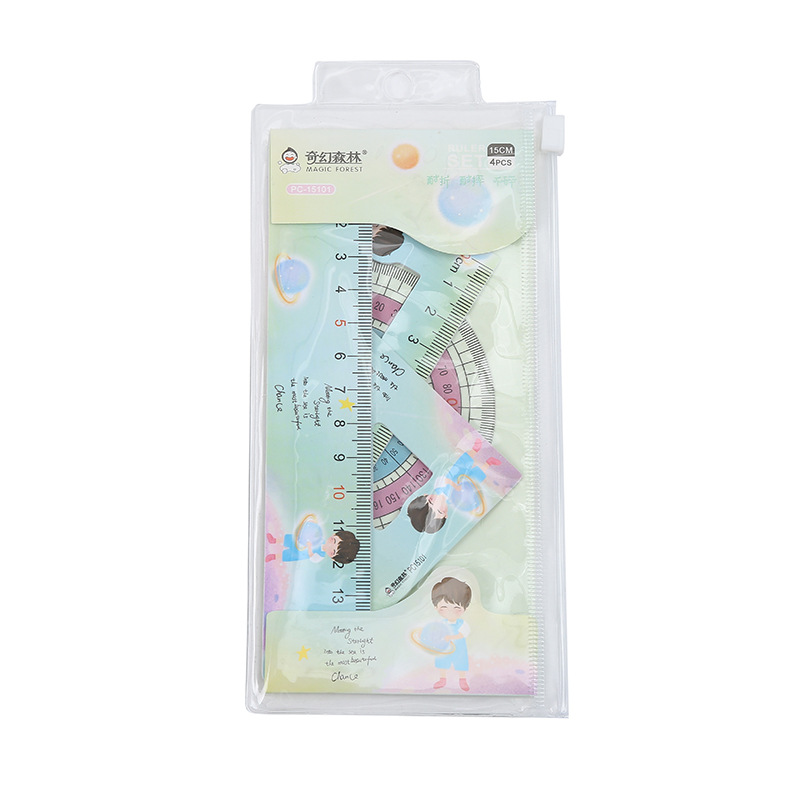 Student ruler set straight triangle transparent protractor color printing set ruler 4 sets of manufacturers directly Item Picture