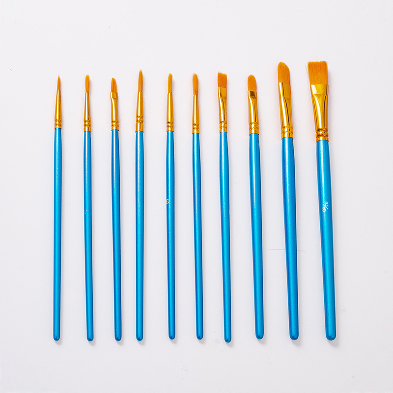 勾线丙烯绘画刷水粉水彩笔 跨境10支珠光蓝油画笔套装尼龙毛画笔图