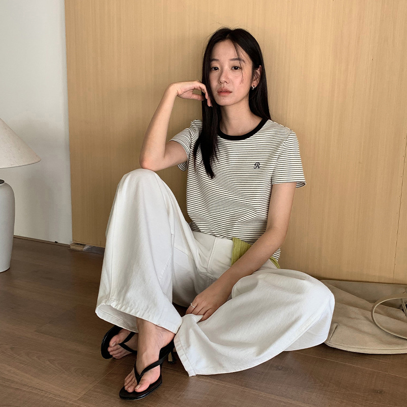 TG Casual striped cotton-feel T-shirt for women 2025 Autumn New Style with small embroidery round neck off-the-shoulder short-sleeved top 25614 details Picture