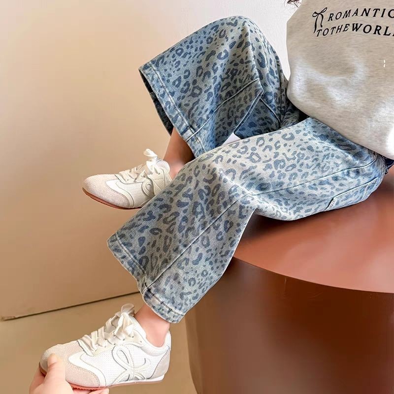 女童裤子2025新款儿童春装春秋季洋气时髦牛仔裤女宝宝豹纹阔腿裤