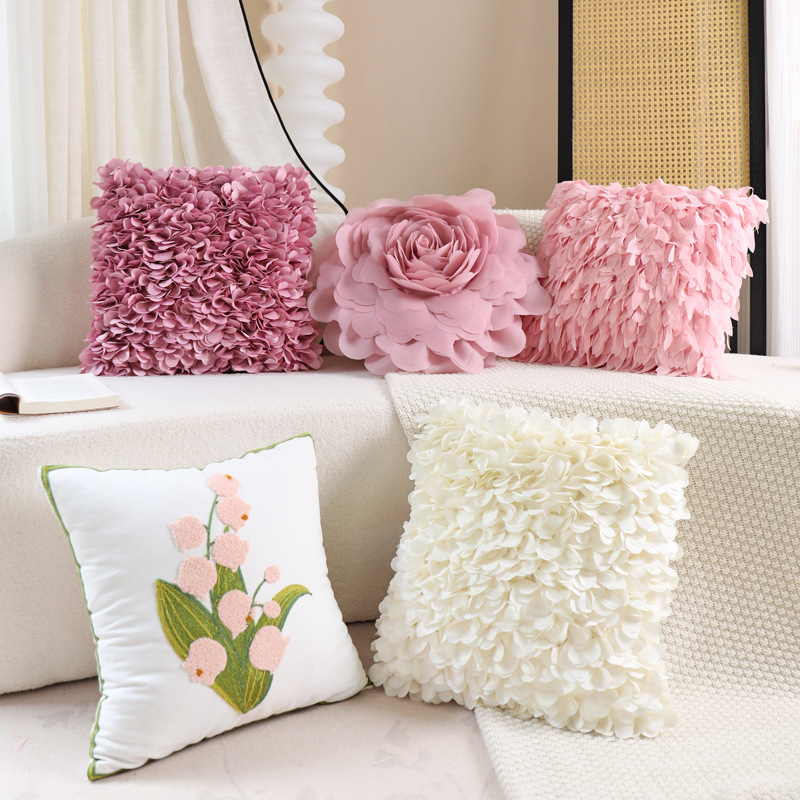 北欧客厅纯色抱枕欧根纱轻奢编织花朵枕套原创重工样板间软装靠垫