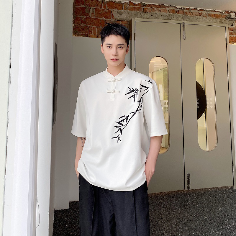 Summer Chinese trend improved Chinese-style button-up T-shirt for men, short-sleeved, niche bamboo embroidery design, retro Chinese style half-sleeved top