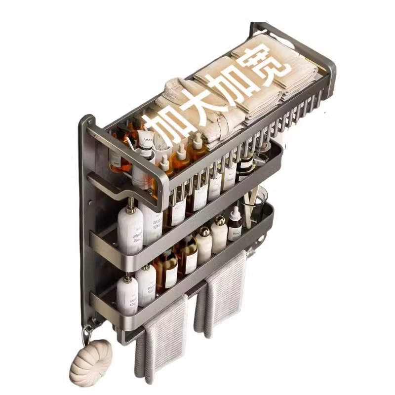 Towel rack, bathroom storage, no need for drilling, bathroom storage with pole, space aluminum thickened bath towel rack, double-layer wall-mounted Item Picture