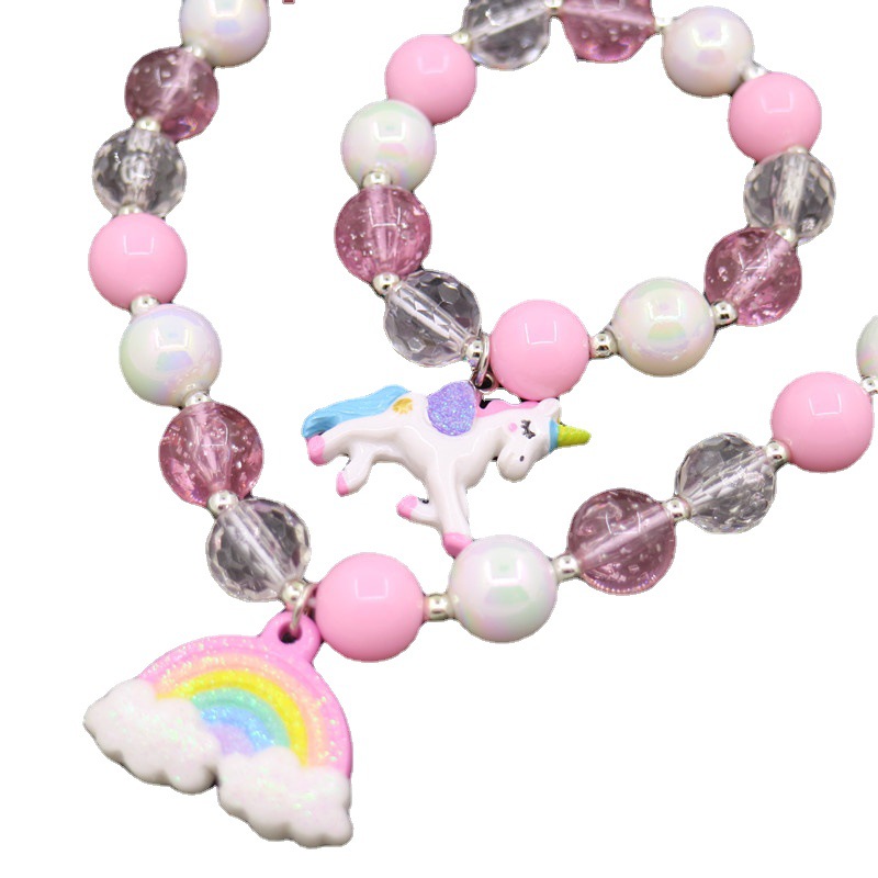 Children and girls Pearl unicorn Rainbow necklace bracelet sweater chain set Holiday birthday New Year gift set Item Picture