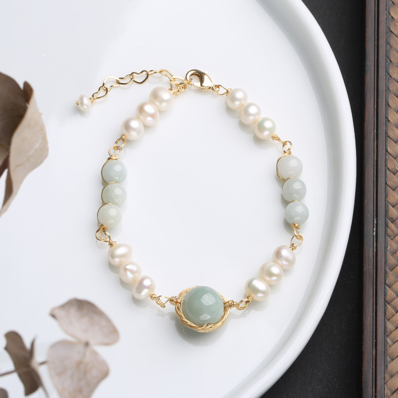 Natural freshwater pearl hand-wound jade A-grade bracelet, 14k gold-plated retro style bracelet, A gift for your best friend
