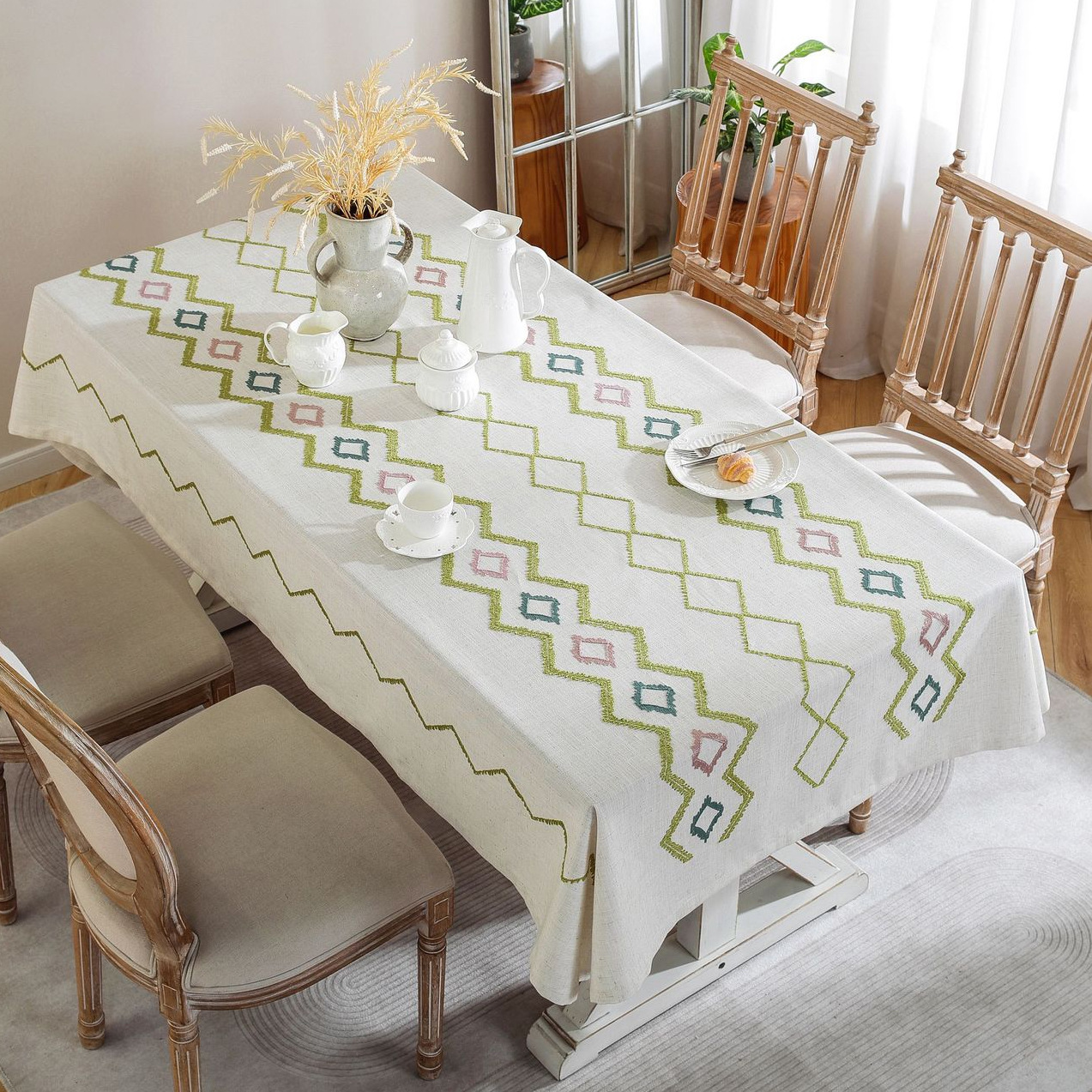 Amazon's new Nordic light luxury high-end cotton and linen three-dimensional embroidered tarpaulin art tablecloth with vertical stripes is fashionable Specification image