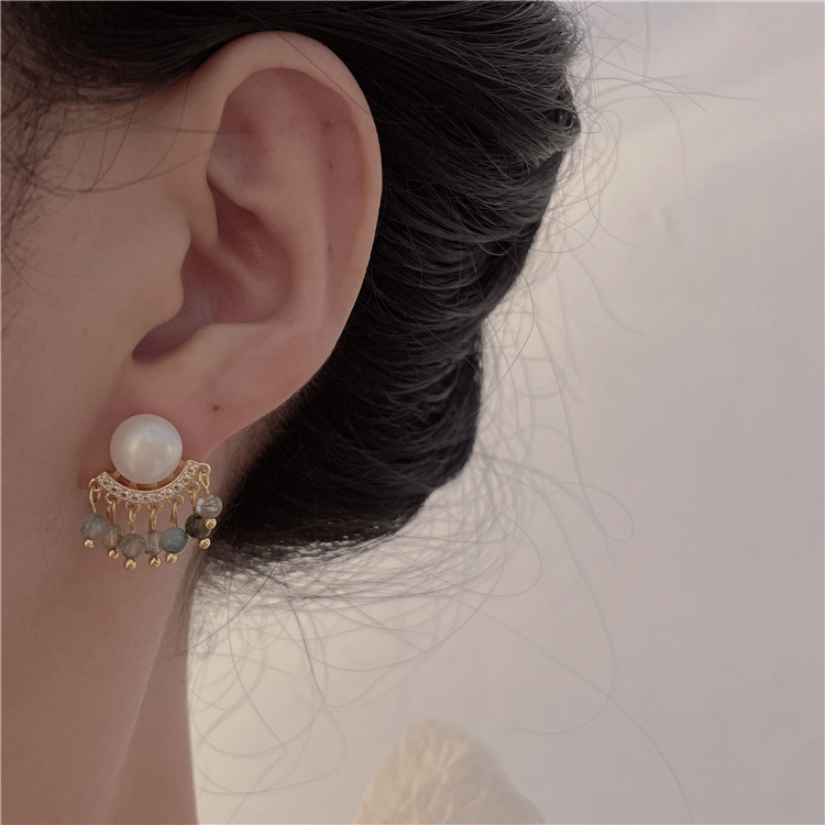 Unique National Style Natural Pearl Tourmaline Tassel Earrings High-Grade Retro Light Luxury Studs Short Drop Gift Specification drawing