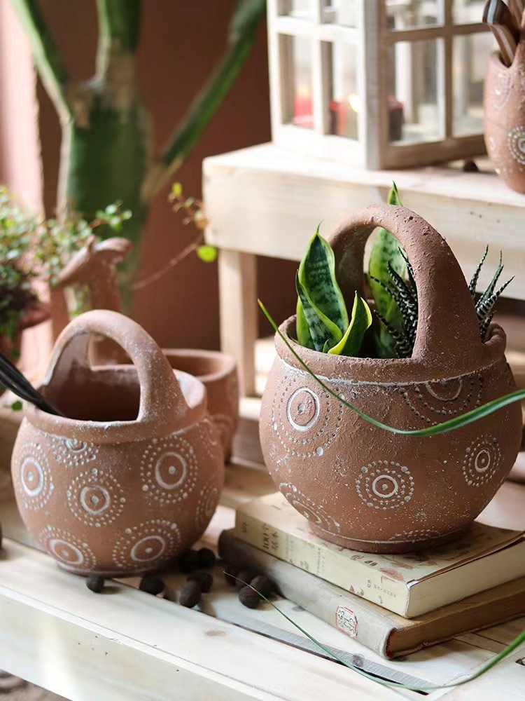 chinagoods retro and warm hand-held cement flower blue flowerpots, green plant planting flower vases, creative decorative items for gardens and courtyards details Picture