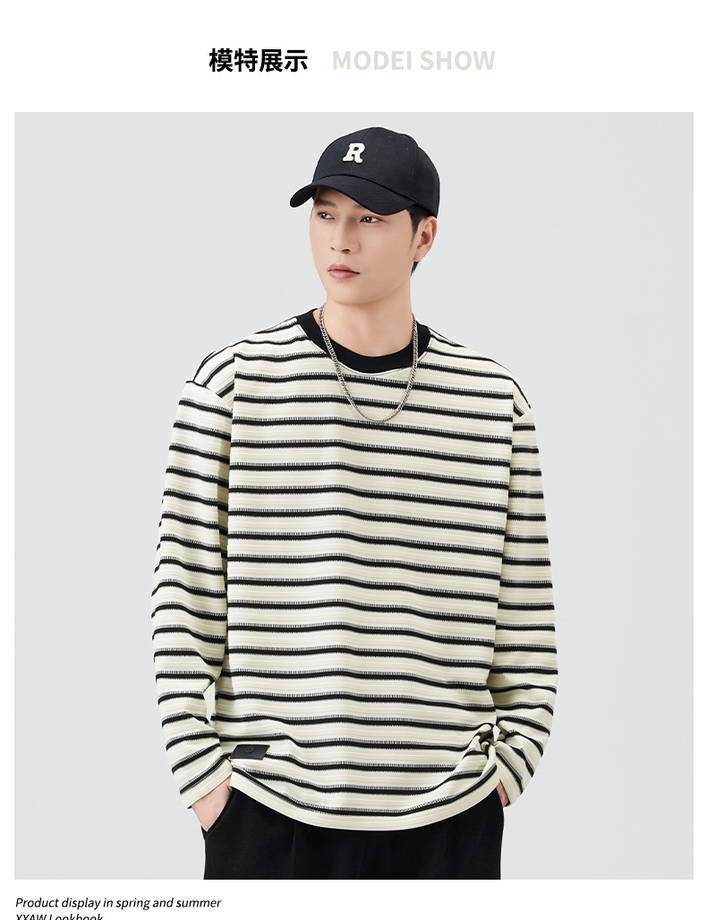 Black striped long-sleeved T-shirt for men, a loose and contrasting color round soul base layer top from the 2025 autumn fashion brand pic 6