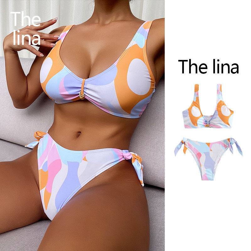 New European and American full-body printed swimming suits, sexy beach V-neck lace-up swimsuits