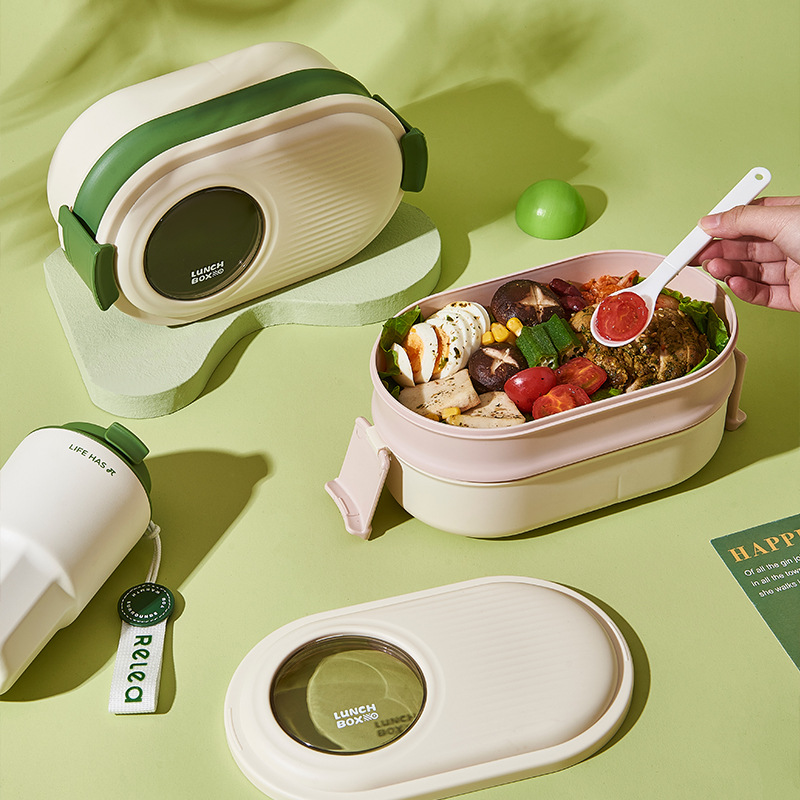 双层简约饭盒外出野餐保鲜饭盒上班族大容量便当盒餐盒含叉勺可微