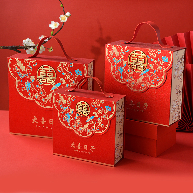 中式结婚手提伴手礼盒喜鹊临门手提式花边结婚礼盒伴手礼空盒