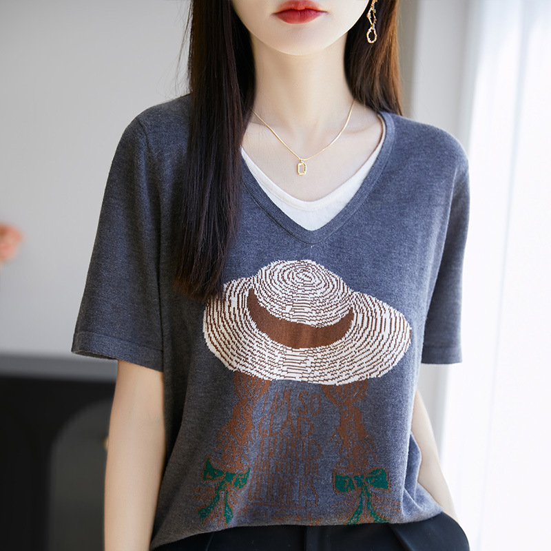 European pink T-shirt for women, short-sleeved fine-spun wool design, two V-neck knitted tops for women's summer wear