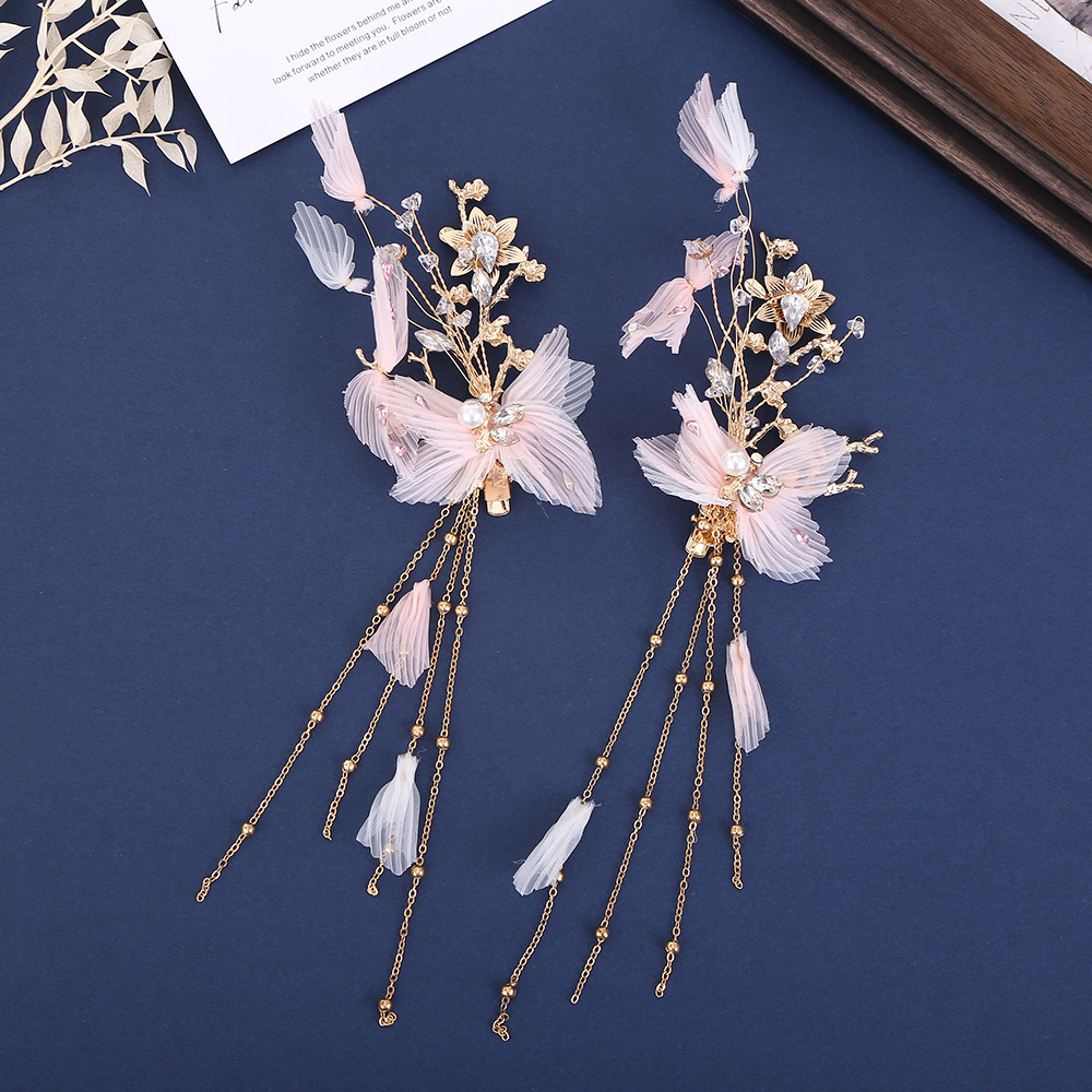 新款蝴蝶珍珠流苏发夹精致唯美森系精灵造型发饰手工编织边夹批发详情1