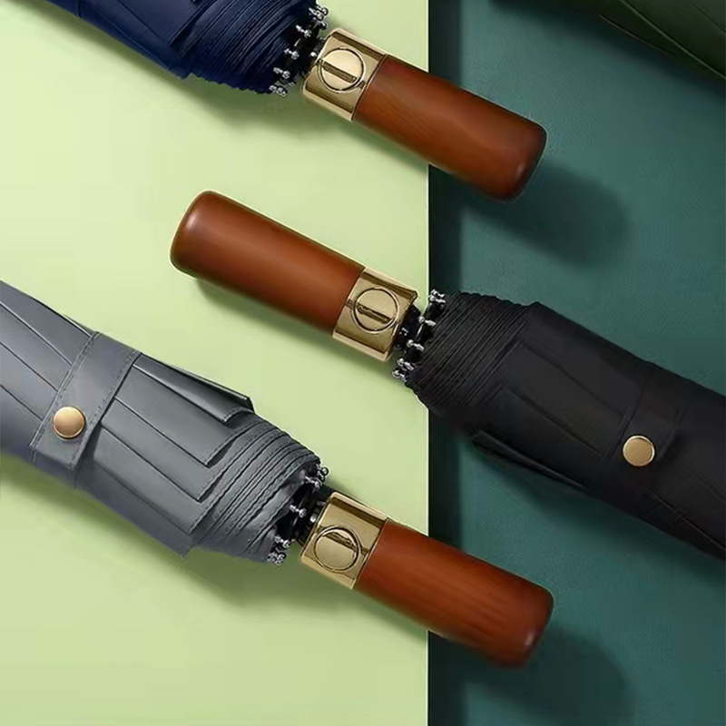 Yirou Banana Under Automatic Light Luxury Wood Handle Three Fold Umbrella Men's Business Large Folding Advertising Gift Umbrella details Picture