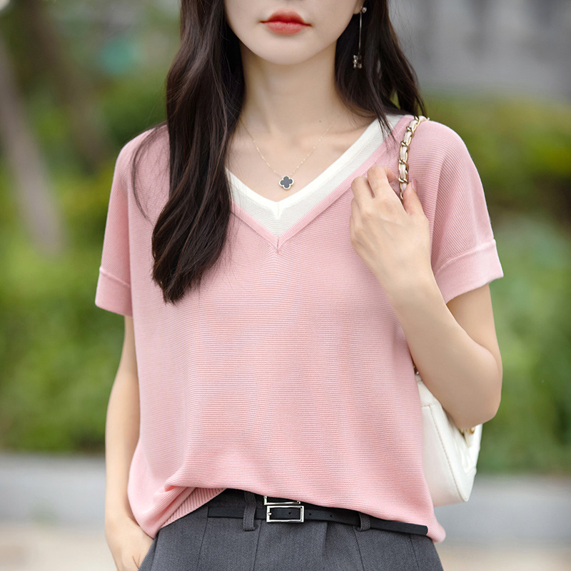 A new light and thin Tencel V-neck pullover top for women in spring and summer with a color-blocking design and a knitted short-sleeved casual T-shirt details Picture