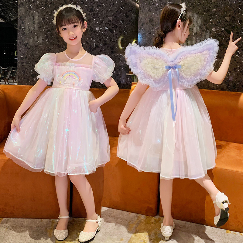 2022夏季新品女童中大童彩虹翅膀公主裙韩版短袖连衣裙洋气表演服
