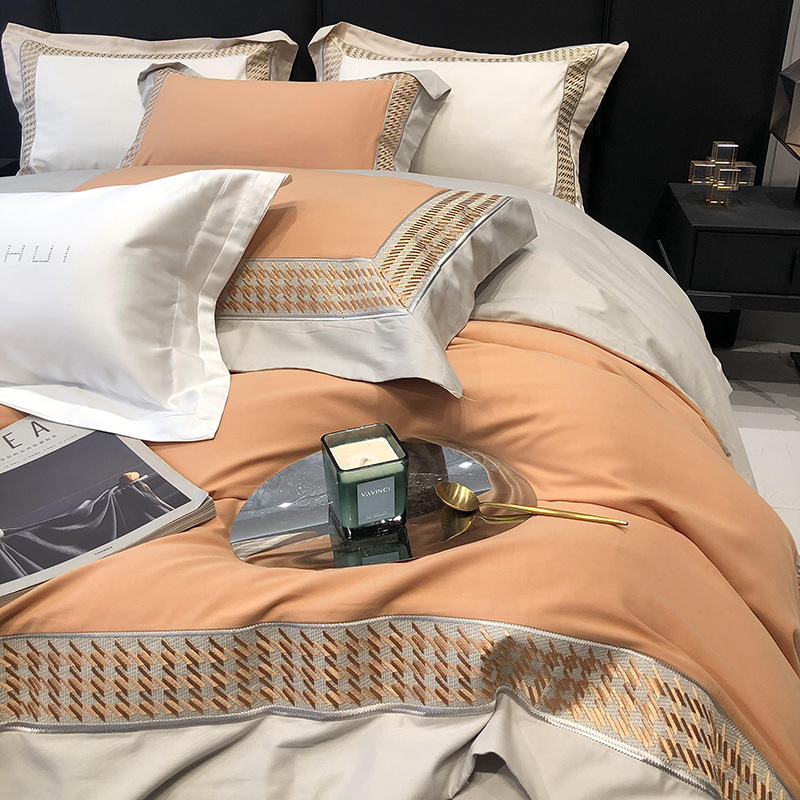 British style 100-piece all-cotton volcanic small brushed four-piece set embroidered double-piece duvet cover pure cotton bedding, high-end details Picture