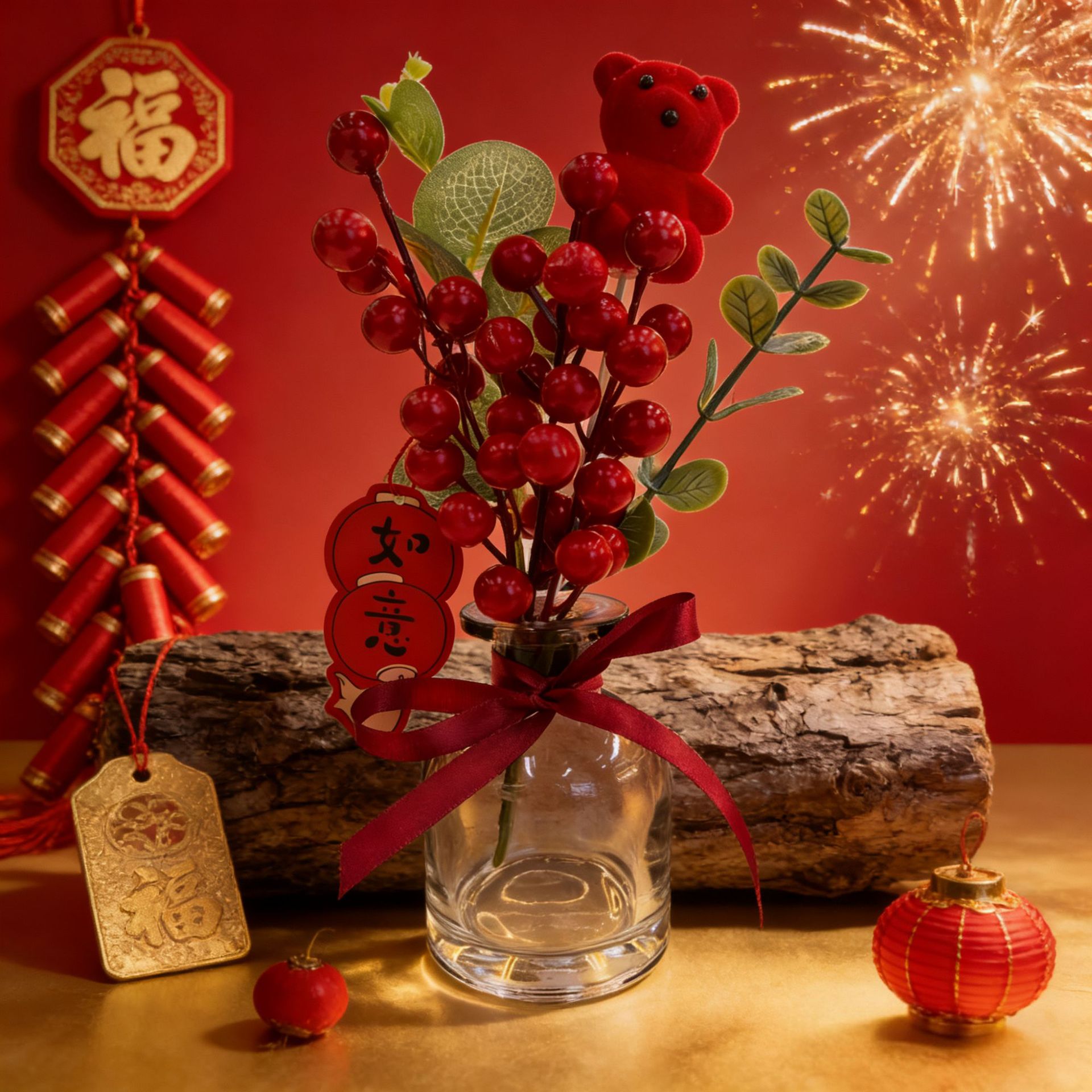 马年新年红果发财果香薰摆件冬青果圣诞花仿真持久留香除臭