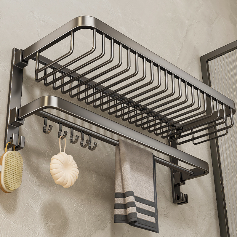 Gun ash towel rack, bathroom without drilling, bathroom storage rack, integrated hanging rack, toilet, washroom, net basket, bath towel rack details Picture