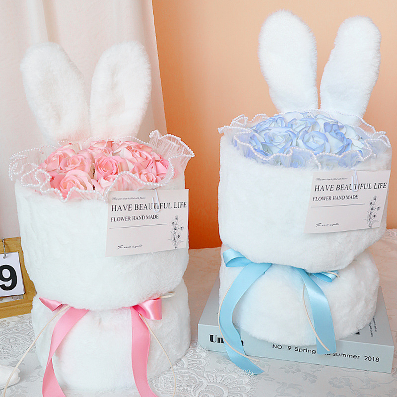 国潮母亲节礼物七夕情人节送女友花束可爱兔耳朵仿真花香皂花花束批发