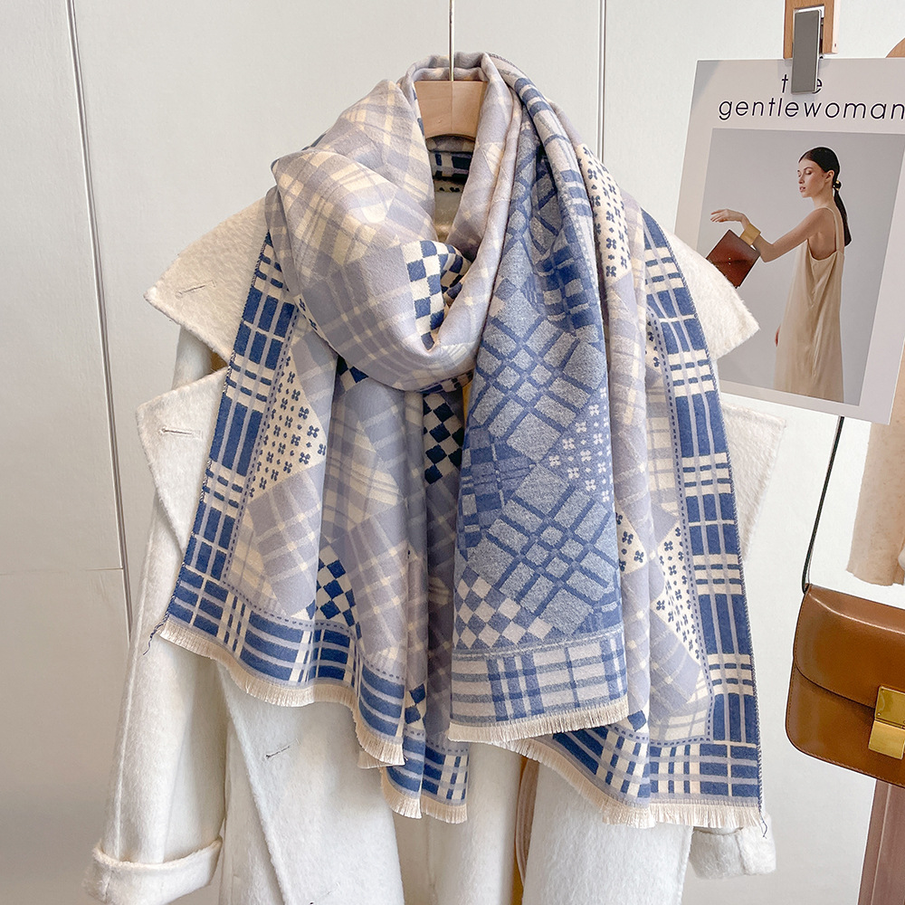 Autumn-Winter Simple Scarf Women's Plaid British Style Print Double-Sided Matching Color Bib Lengthened Thick Pulled Hair Shawl Cape details Picture