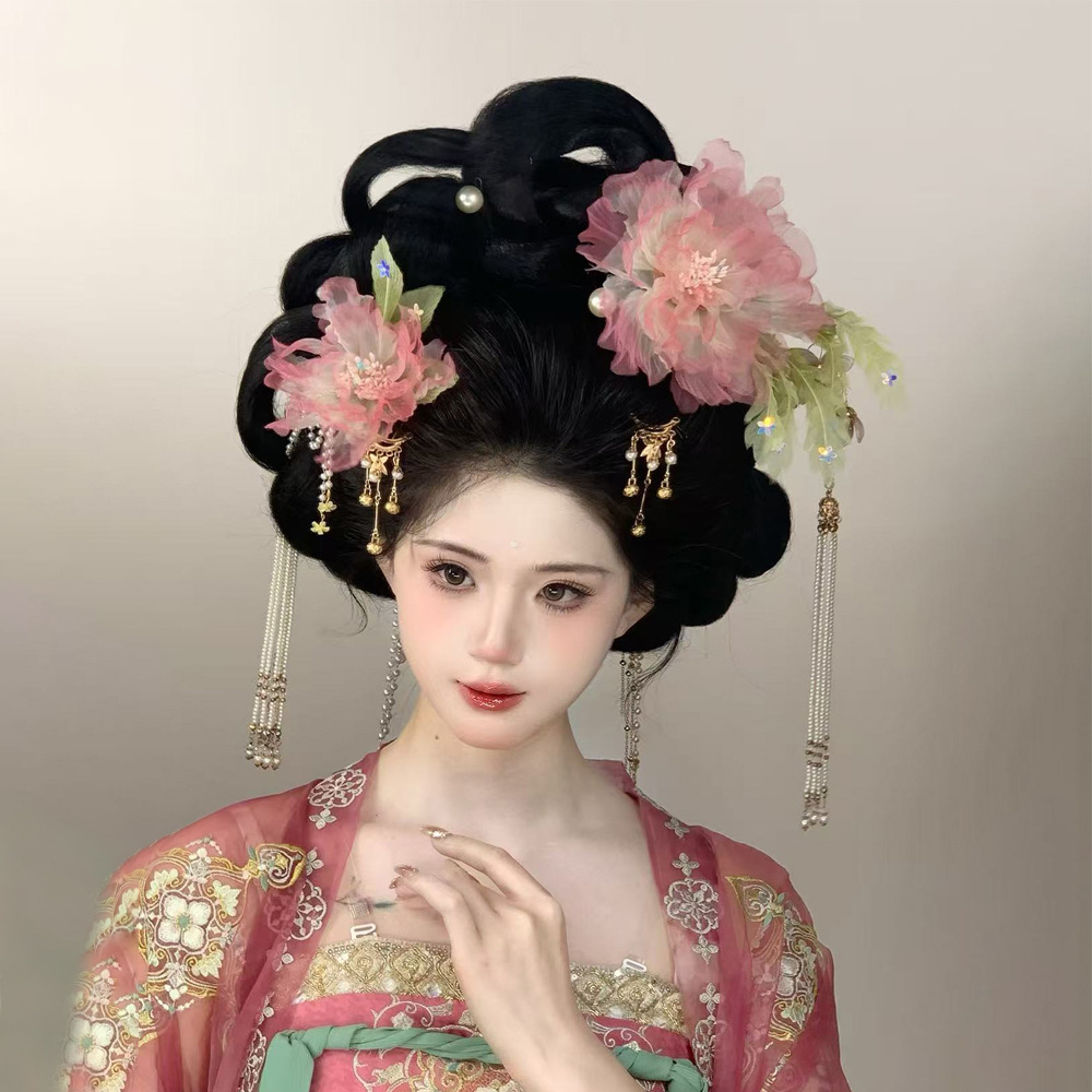 Spring new original design, handcrafted ancient-style hair clips, pink peony makeup, Hanfu headwear, embossed hair accessories